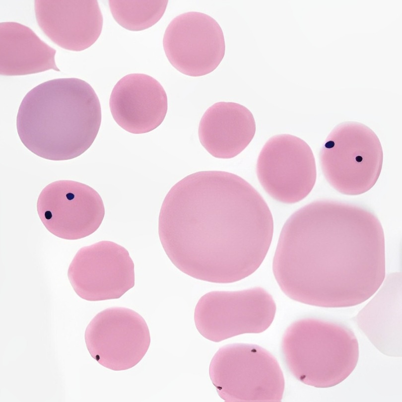 A group of pink blood cells displayed on a white surface